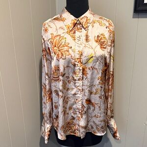 B36 Elie Tahari Women’s Cream Button-Down Shirt with Orange Floral Pattern